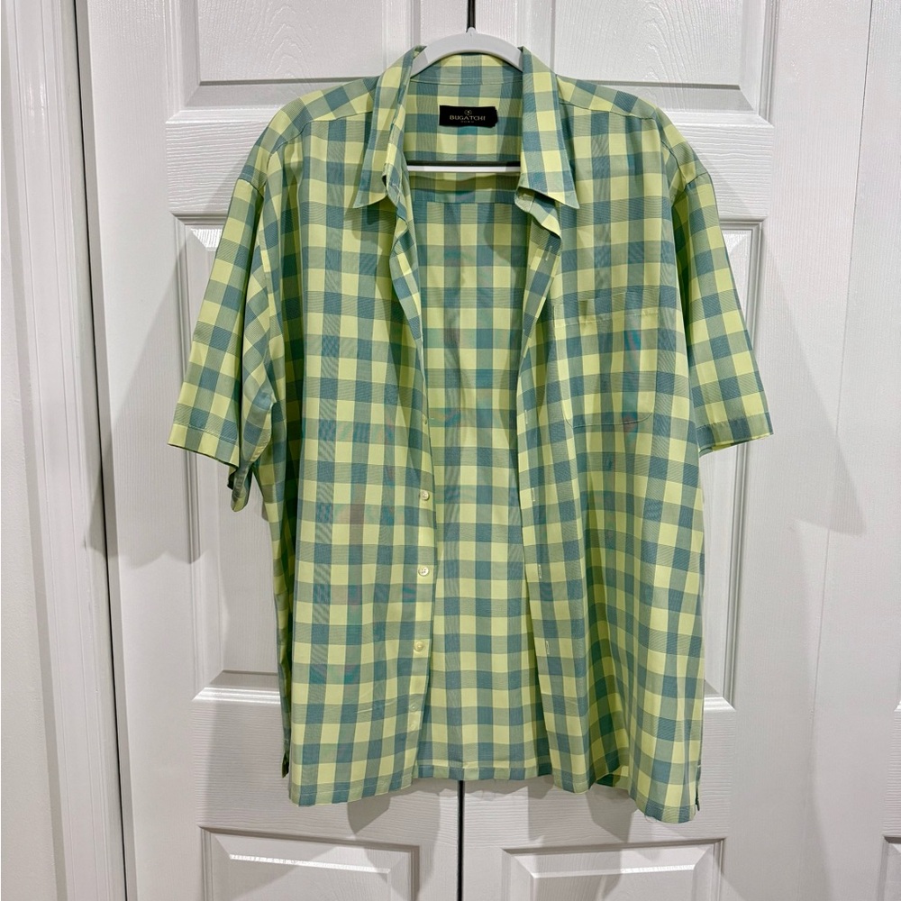 Bugatchi Yellow and Green Checkered Short Sleeve Shirt